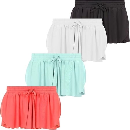 BTween Girls 4 Pack Butterfly Shorts Lightweight Flowing Athletic Shorts with Elastic Waist Drawstring, Black/Grey/Teal/Salmon, 7