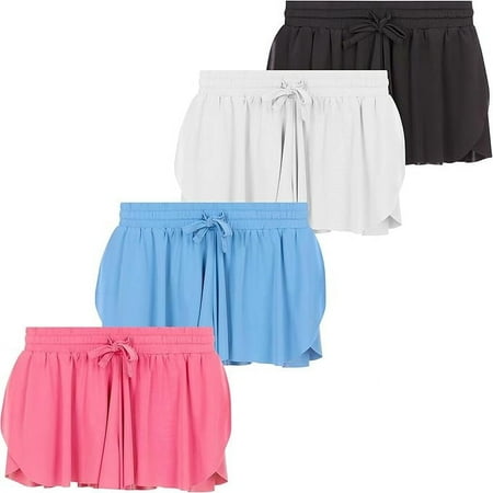 BTween Girls 4 Pack Butterfly Shorts Lightweight Flowing Athletic Shorts with Elastic Waist Drawstring, Black/Grey/Blue/Pink, 7