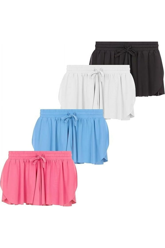 Girls 4 Pack Butterfly Shorts Lightweight Flowing Athletic Shorts with Elastic Waist Drawstring, Black/Grey/Blue/Pink, 6