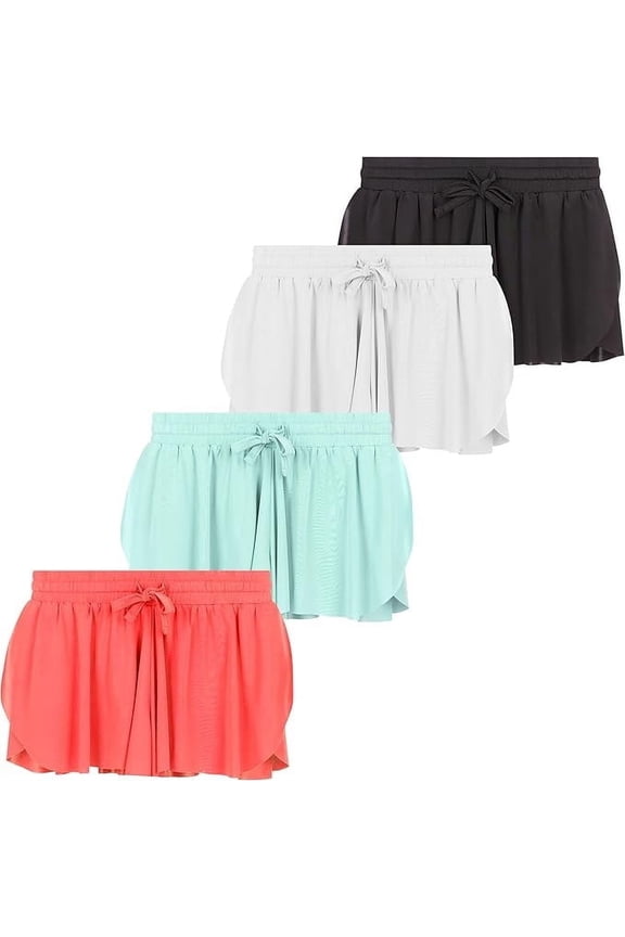 Girls 4 Pack Butterfly Shorts Lightweight Flowing Athletic Shorts with Elastic Waist Drawstring, Black/Grey/Teal/Salmon, 6