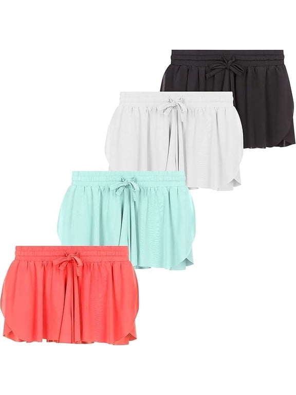 Girls 4 Pack Butterfly Shorts Lightweight Flowing Athletic Shorts with Elastic Waist Drawstring, Black/Grey/Teal/Salmon, 6