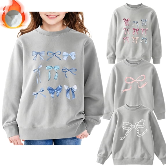 DOZINSIX Girls 4-Pack Crewneck Sweatshirts 2-13Y Bow Print Fall Winter Fleece Lined Warm Cotton Pullover Tops
