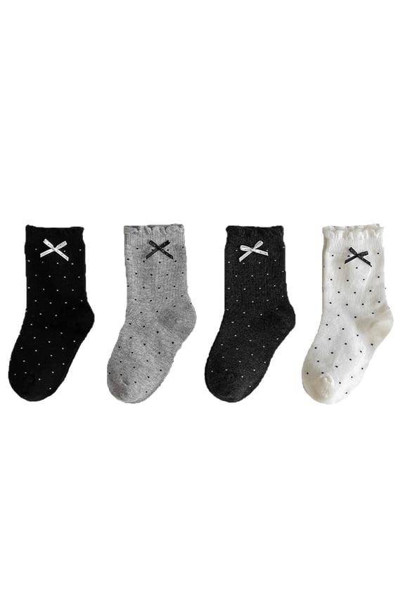 Girls' 4-Pack Ruffle Socks Frilly Cotton Crew Socks Cute Bow Polka Dot Casual Socks Comfortable Daily Wear