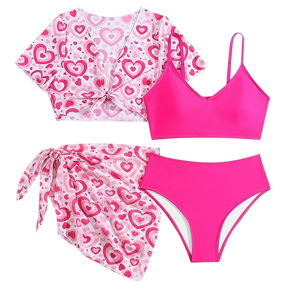 Girls 4 Piece Bikini Set Heart Cute Bathing Suits Spaghetti Strap Swimsuits with Kimono and Cover up Skirts Hot Pink, 11 Years