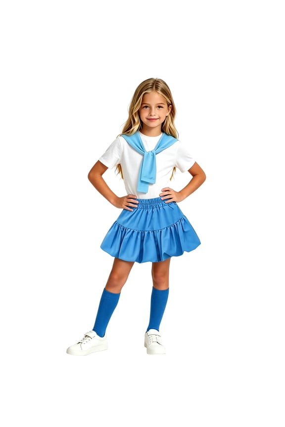 Girls 4 Piece Cheerleader Outfit 3-13 Years, Dopamine Color Short Sleeve Top Tutu Skirt Shawl & Socks Set, Back to School Performance Photoshoot Costume Blue