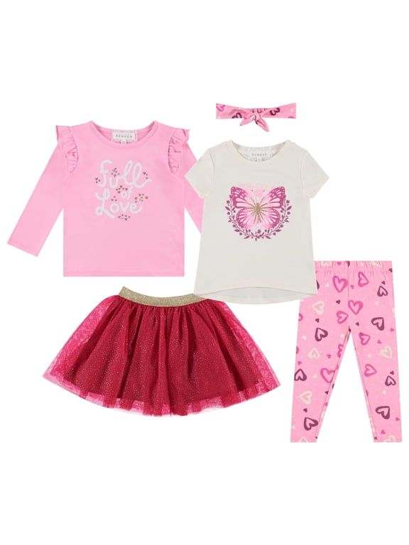 Girls' 4-Piece Outfit Set - Stylish, Fun, and Versatile - Includes Tops, Skirt, and Leggings