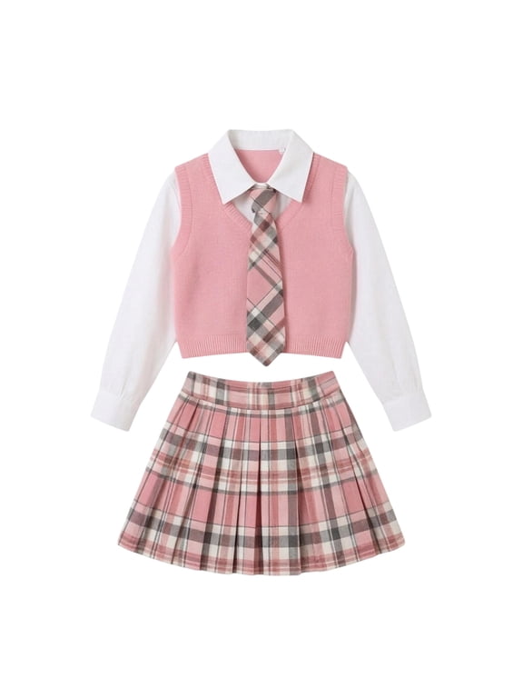 Girls 4 Piece Preppy Outfit Set, Long Sleeve Collared Shirt Knit Vest Plaid Tie Pleated Skort Uniform for Back to School Daily Outdoor Casual Wear(Pink,8-9 Years)