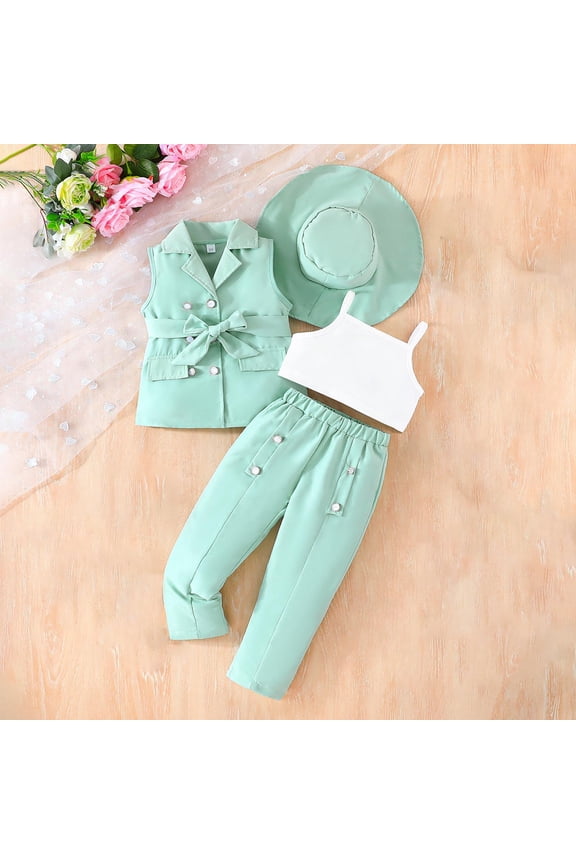 Girls 4 Piece Suit Set Top + Pants + Camisole + Hat Kids Outfits Cotton Button Down Short Sleeve Collared Shirt Set 3-9 Years Green 6-7 Years
