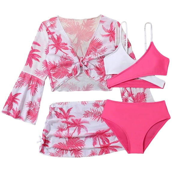 Girls 4 Piece Swimsuit Set Print Four Piece Bathing Suit with Rash Guard Quick Dry Modest Beach Swimwear Size 8-13T Bathing Suits for Girls 4 Piece