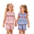 thumbnail image 1 of Girls 4th of July Graphic Outfits Set Patriotic Independence Day Summer Toddler Girls Sleeveless 4 Of July Plaid Vest T Shirt Tops Ruffles Shorts Outfits Blue 2-3T, 1 of 8