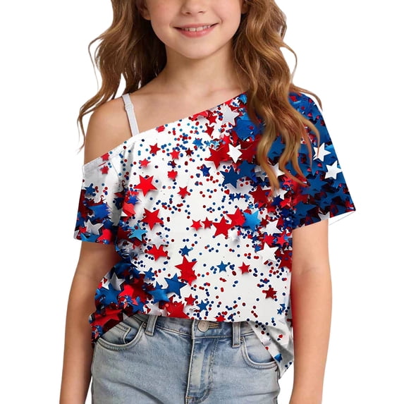 Girls 4th of July Shirts Kids 250th Anniversary USA Shirt Tops Short Sleeve One Shoulder T-Shirts Independence Day Graphic Tees Patriotic Pullover Blouse Multicolor Q 9-10 Years