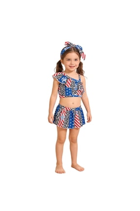 Girls 4th of July Graphic Swimwear Patriotic Independence Day 1 Shoulder Swimsuits Kids Two Piece Bathing Suits Ruffle Beach Swimwear Blue 18-24M