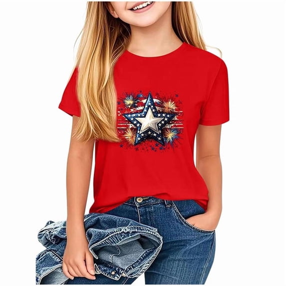 Girls 4th of July Independence Day T-Shirt Patriotic American Flag Graphic Tee Kids Red,Size 7-8 T