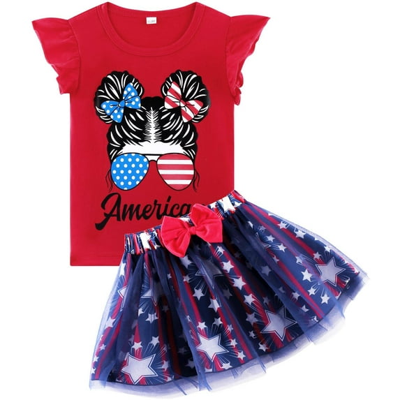 Sytepopcy Toddler Girls 4th of July Outfit Patriotic Tutu Skirt Set,2-7 Years