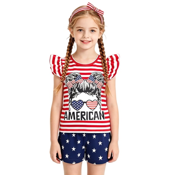 Girls 4th of July Outfit Toddler Patriotic Clothes 2 Piece USA Shirt Star Blue Short Sets for Little Girl Independence Day 2T