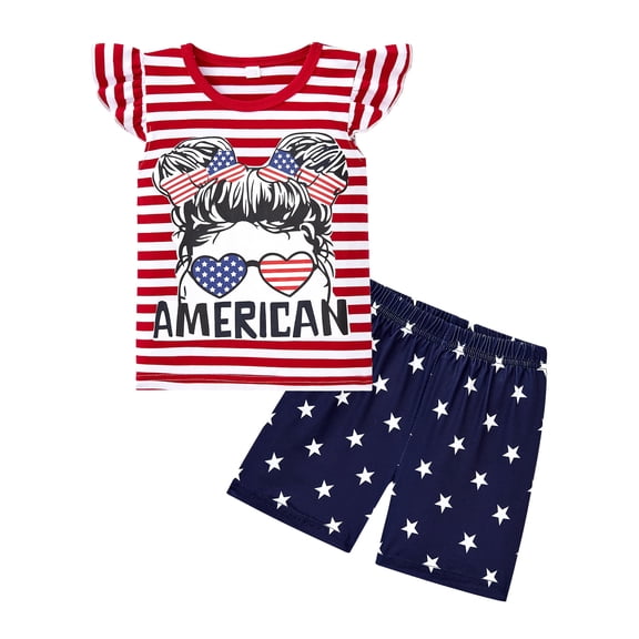 Girls 4th of July Outfit Toddler Patriotic Clothes 2 Piece USA Shirt Star Blue Short Sets for Little Girl Independence Day 2T
