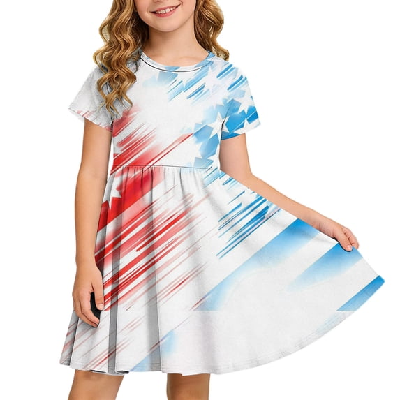 Girls 4th of July Patriotic A-Line Dress, Multicolor Red White Blue Stars and Stripes Short Sleeve, Sizes 120-170,Size 4 T