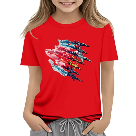 Girls 4th of July Red Patriotic T-Shirt Kids Independence Day Fighter Jet Top,Size 13-14 T