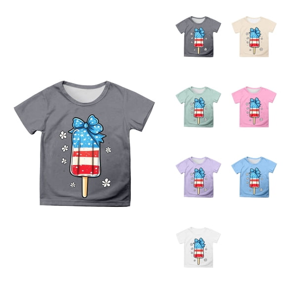 Girls' 4th of July Short Sleeve T-Shirt with American Flag Print, Comfortable Cotton Round Neck Tee for Everyday Wear & Party Outfits (2-12 Years)