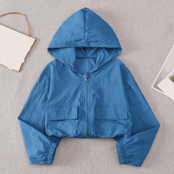 Girls 5-13Y Casual Sun Hoodie Solid Color Lightweight Hooded Long Sleeve Outdoor Jacket Blue 8-9 Years
