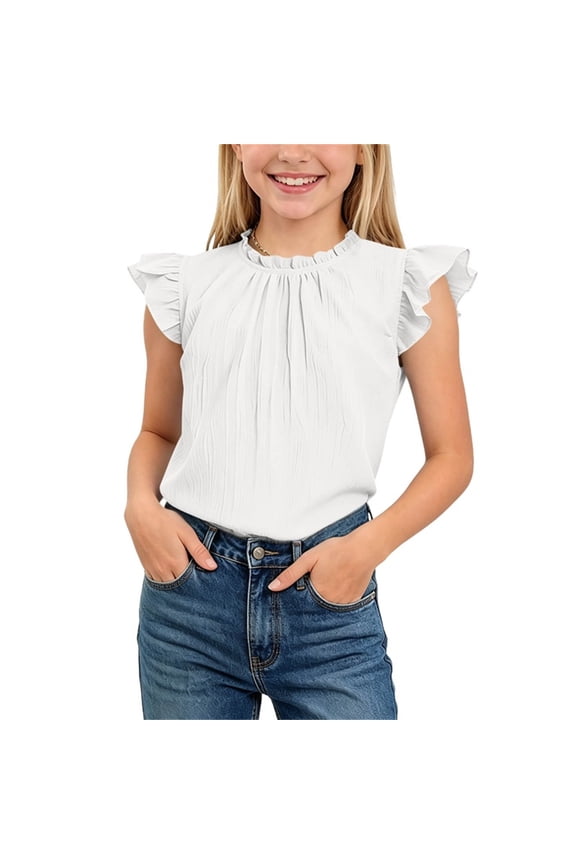 Girls 5-14 Years Ruffle Flutter Sleeve Top Gathered Neck Solid Color Breathable Summer Blouse White 5 Years