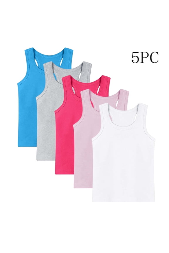 Girls 5 Pack Cotton Racerback Tank Tops Sleeveless Multicolor Bulk Kids Undershirts for Summer Activewear Size 90-160,Size 6-7 T