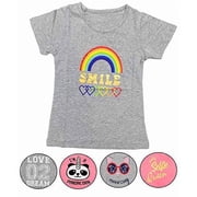 Girls 5-Pack Printed T-Shirts, Pink Grey Short Sleeve, Crew Neck. Unicorn, Panda, Selfie, Rainbow. Cute Designs Combo A, 4