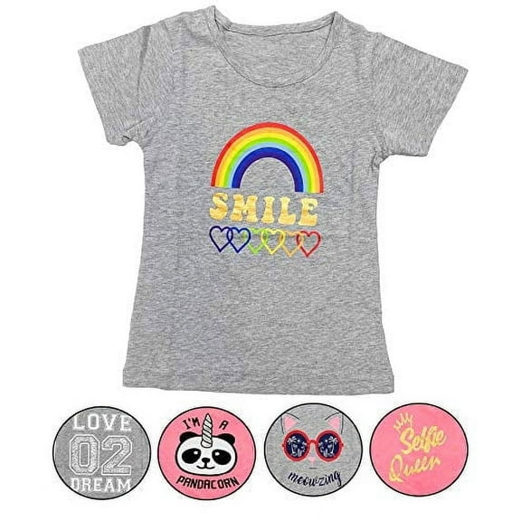 Girls 5-Pack Printed T-Shirts, Pink Grey Short Sleeve, Crew Neck. Unicorn, Panda, Selfie, Rainbow. Cute Designs