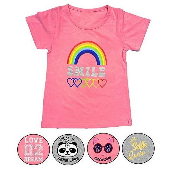 Girls 5-Pack Printed T-Shirts, Pink Grey Short Sleeve, Crew Neck. Unicorn, Panda, Selfie, Rainbow. Cute Designs