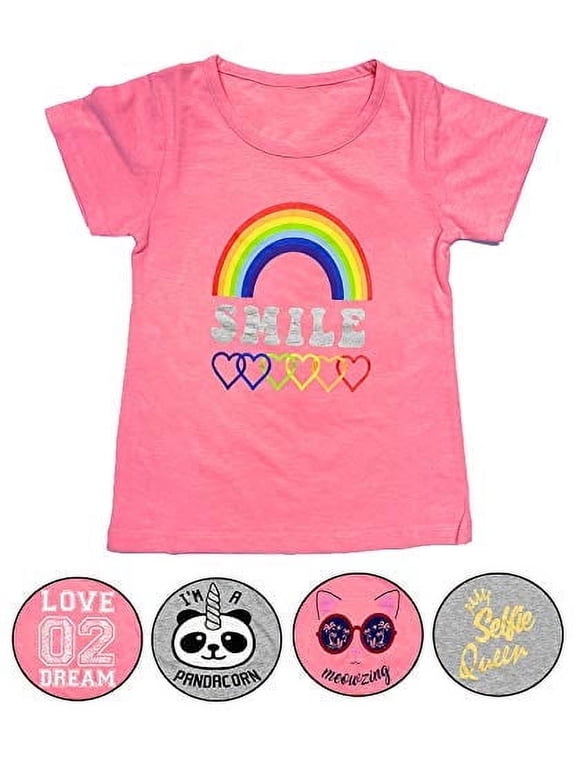 Girls 5-Pack Printed T-Shirts, Pink Grey Short Sleeve, Crew Neck. Unicorn, Panda, Selfie, Rainbow. Cute Designs