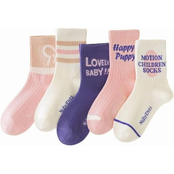 Girls 5 Pairs Crew Athletic Socks Cute Pink Sports Socks Casual Stretchy Socks 3-12Y