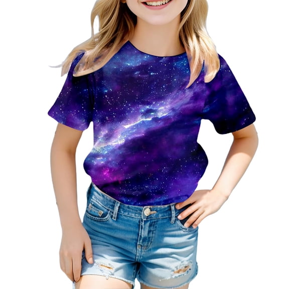 Girls 5t Shirts Crew Neck Short Sleeve T Shirts Cartoon Print Everyday Sports T-Shirt Clothes for Children Purple,10-11 Years