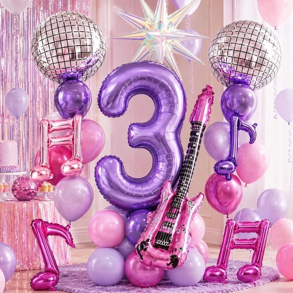 Girls 5th Birthday Decor | Purple Pink 40" Number 5 Balloon, Disco Guitar Music Foil Balloons for 5-Year-Old Birthday Party