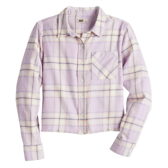 Girls 6-20 SO® Cropped Flannel Shirt in Regular & Plus Size Color: Lavender Peach Plaid Size: 16 PLUS