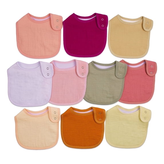 10‑Pack Muslin Baby Bibs, Soft Absorbent Solid Color Drool Bibs with Adjustable Snaps for Newborn Infant