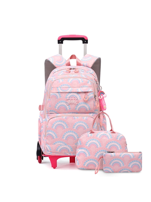 Girls 6-Wheel Rolling Backpack Set, 18" Wheeled School Trolley Bag with Lunch Bag & Pencil Case