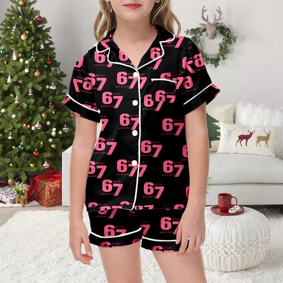 Girls 67 Print Pajama Short Sleeve Top Shorts Soft Sleepwear Casual Comfortable Loungewear Kids 2 Piece Outfits Pink 3-4 Y
