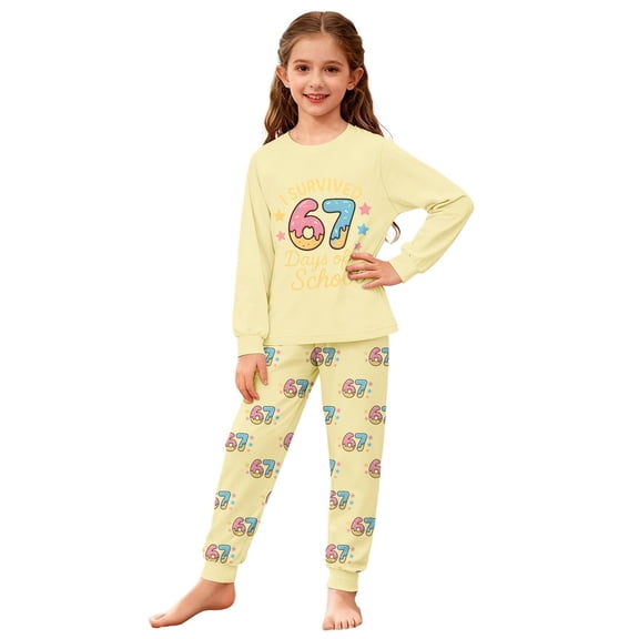 Girls 67 Print Pajamas Set Outfits Sleepwear Tops And Pants Set Clothes