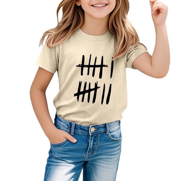 Girls 67 Printed T-Shirts - Girls Short Sleeve Crewneck Shirts Funny 6 7 Graphic Number Print Summer Tee Tops Beige Size 3-4 Y