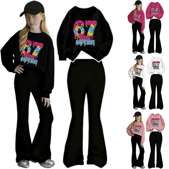Girls 67Six Seven 2 Piece Set Printed Long Sleeved Hoodie Flared Trousers Outdoor Casual Outfit White 9 Y-10 Y