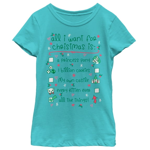 Girl's Lost Gods Christmas I want All the Things  Graphic Tee Tahiti Blue X Large