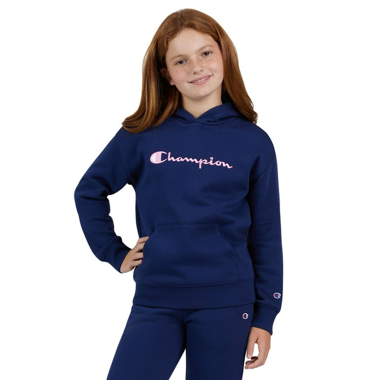 Girls 7 16 Champion Signature Fleece Logo Graphic Hoodie Color Navy Blue Size X LARGE