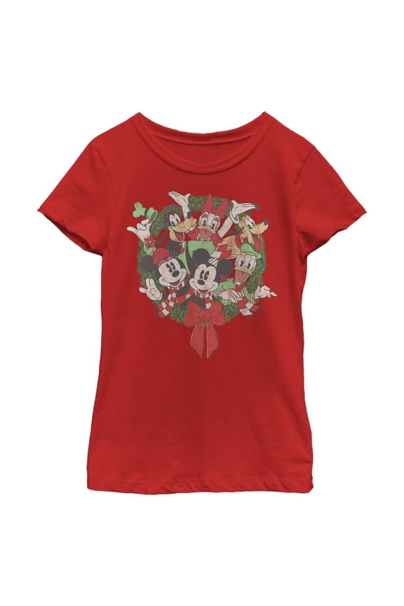 Girls Mickey & Friends Christmas Distressed Group Wreath T Shirt