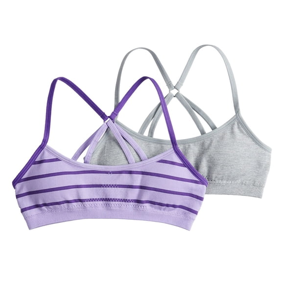 Girls 7-16 Hanes 2-pack Seamless Molded Racerback Wire Free Bralettes Gray Purple Stripe