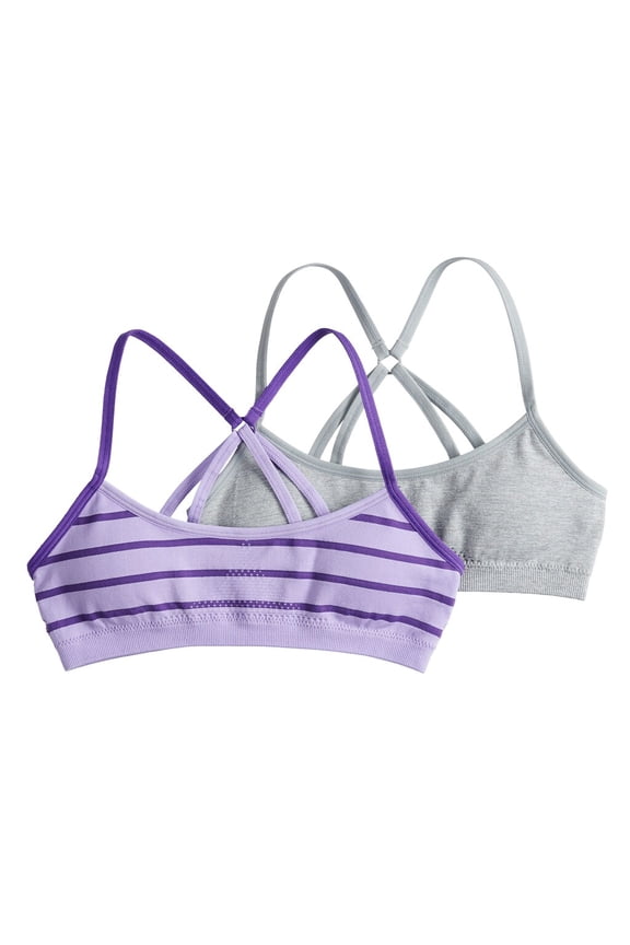 Girls 7-16 Hanes 2-pack Seamless Molded Racerback Wire Free Bralettes Gray Purple Stripe