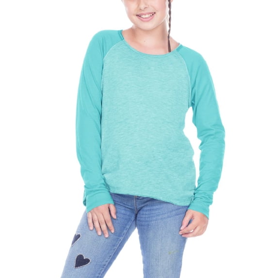 Girls 7-16 Slub Jersey Raw Edge High Low Contrast Raglan Long Sleeve Light Ht.Cab Blue/Cab Blue L