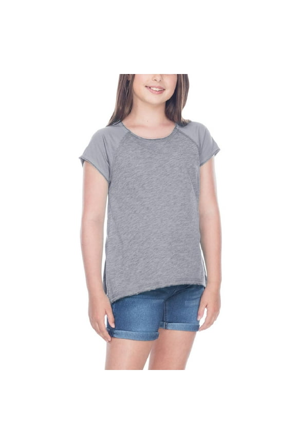 Girls 7-16 Slub Jersey Raw Edge High Low Contrast Raglan Short Sleeve Dark H.Gray/Titanium S
