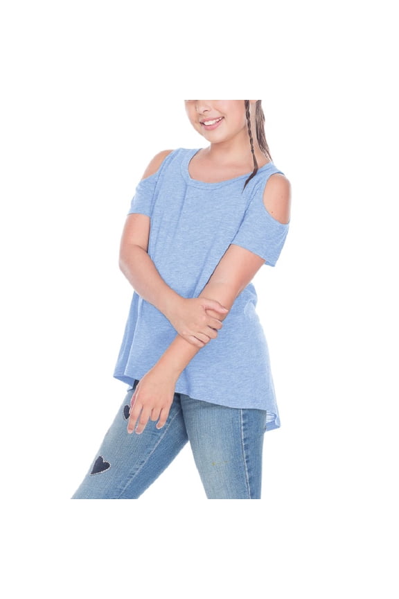 Girls 7-16 Slub Jersey Scoop Neck Cold Shoulder High-Low Short Sleeves Azure S