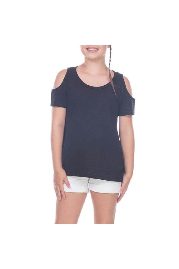 Girls 7-16 Slub Jersey Scoop Neck Cold Shoulder High-Low Short Sleeves Black L