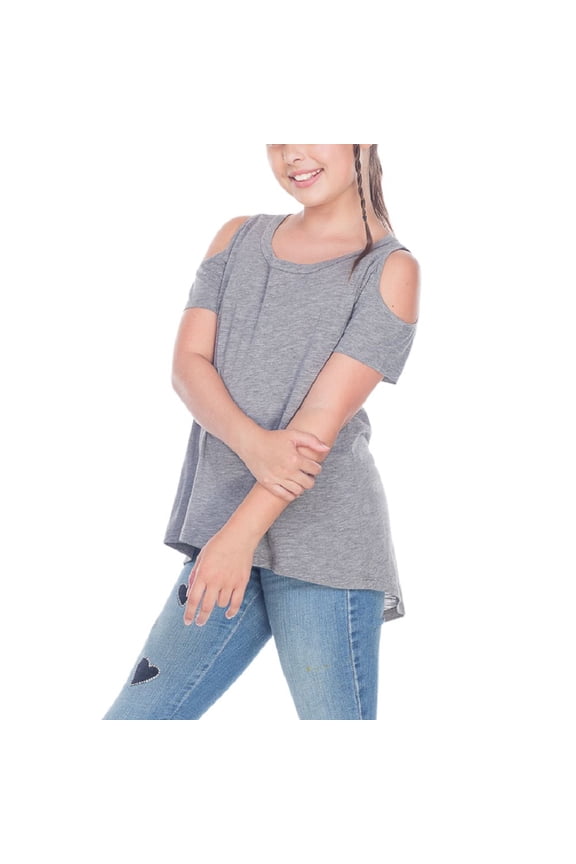 Girls 7-16 Slub Jersey Scoop Neck Cold Shoulder High-Low Short Sleeves Dark Heather Gray S